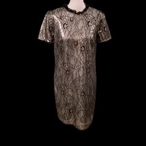 NWT Michael Kors Silver & Black Lace Ruffled Neckline Short-Sleeve Dress - Small